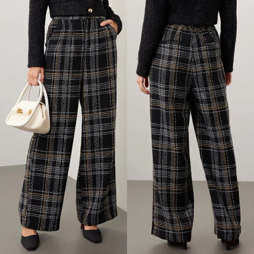 SLATE & WILLOW Pants Womens Small Black Tweed Wide Leg Trousers Plaid